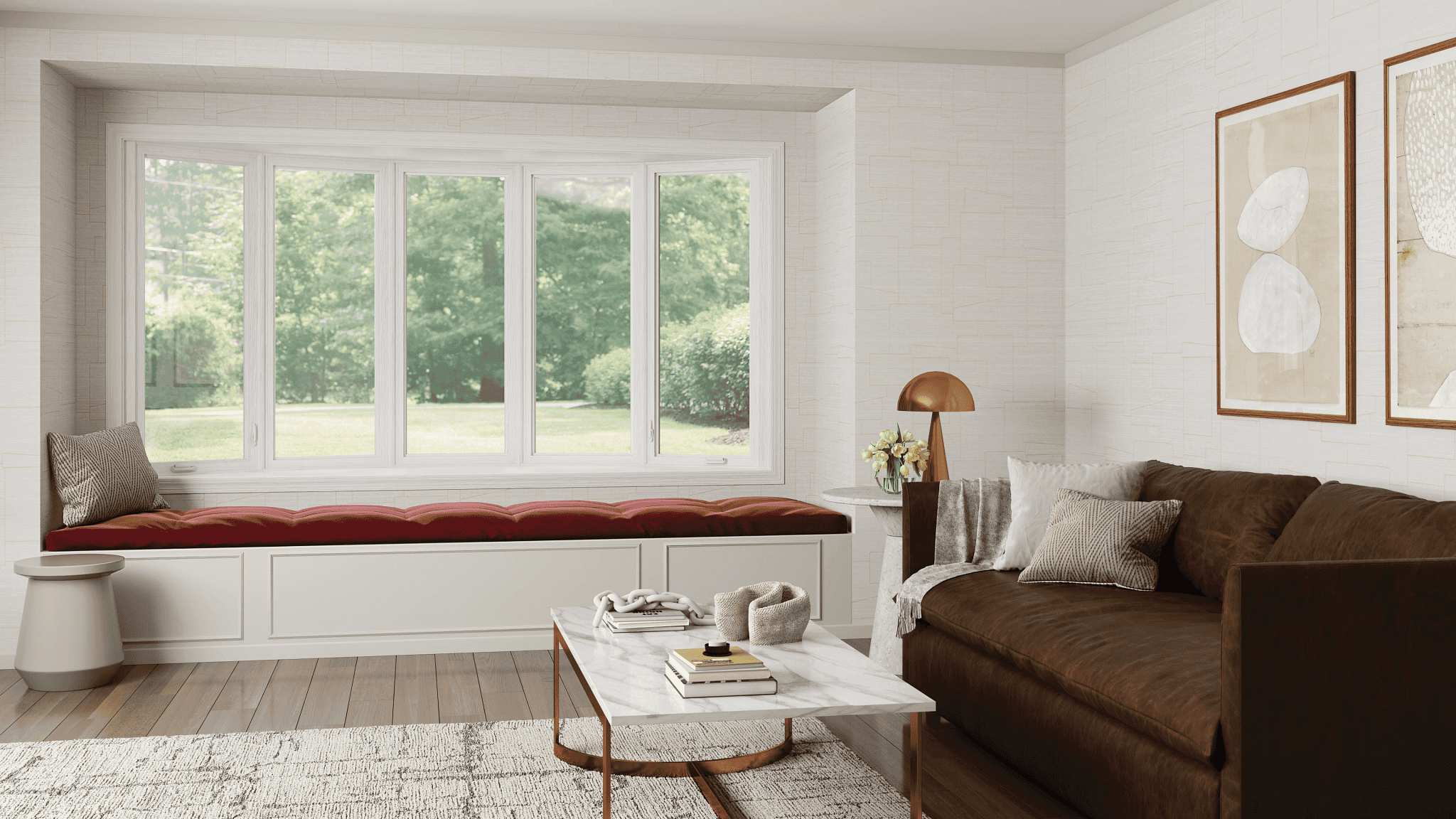 A bright living room featuring Wallaby replacement windows
